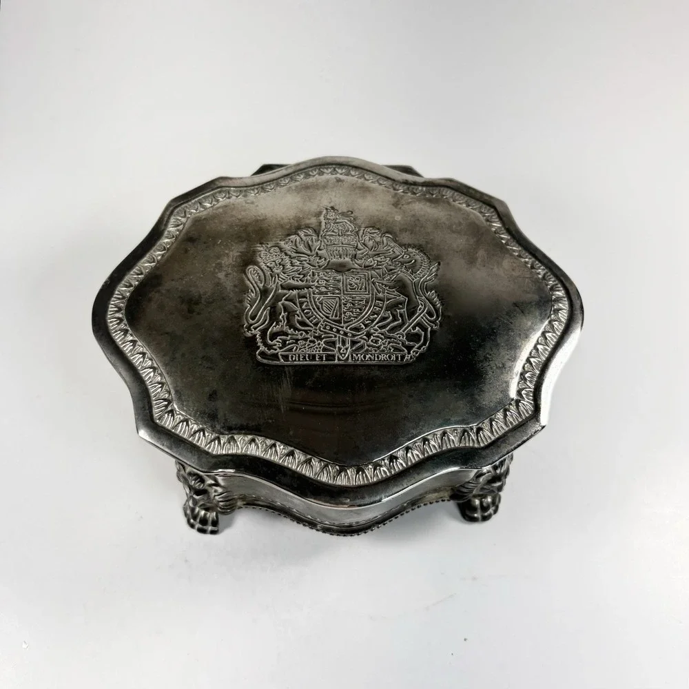 Vintage Lion's Creat Hinged Lid Red Velvet Lined Trinket Box